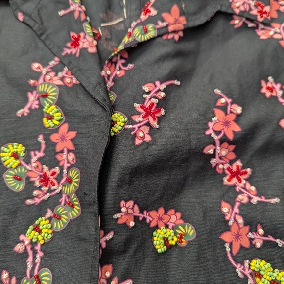 British Khaki Silk/ Linen Black Floral Beaded Snap Front Old Money Shirt Sz L - Picture 4 of 12